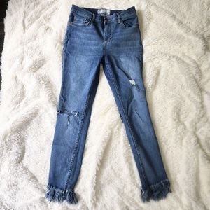 free people high rise stretch skinny distressed raw hem denim jeans size 28